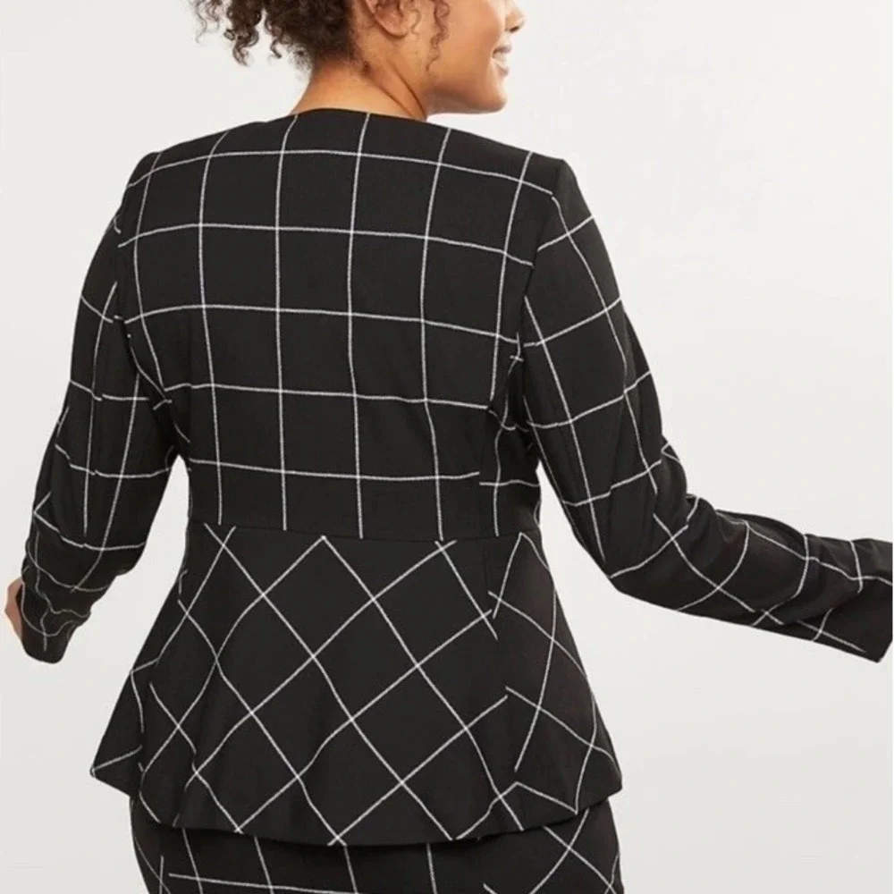 Lane Bryant Windowpane Peplum Blazer Full Zip Black White Career‎ Womens 22